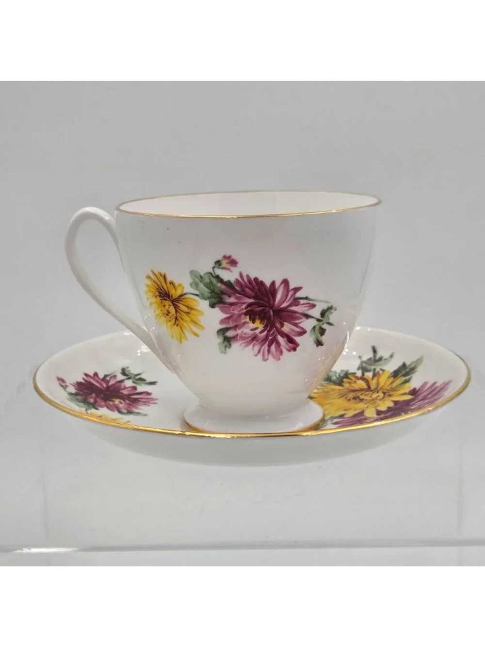 Pink and Yellow Chrysanthemum Bone China Footed Tea Cup and Saucer England